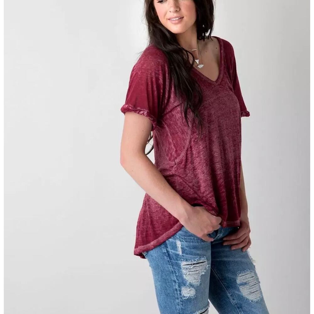 Free People We The Free Free Falling Burnout V Neck Shirt Maroon Small